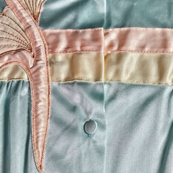 Vanity Fair Vintage Pastel Blue Green Fan Flower Button Front Dressing Gown Robe - Picture 4 of 8